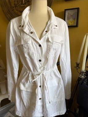 Anne Klein Linen Women’s White Drawstring Waist Utility Jacket Snap Button